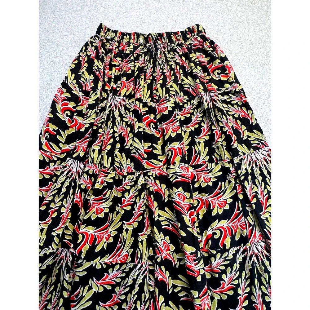 Ashley Taylor Womens Tiered Maxi Skirt Black Red Floral 100% Cotton Size L Flowy